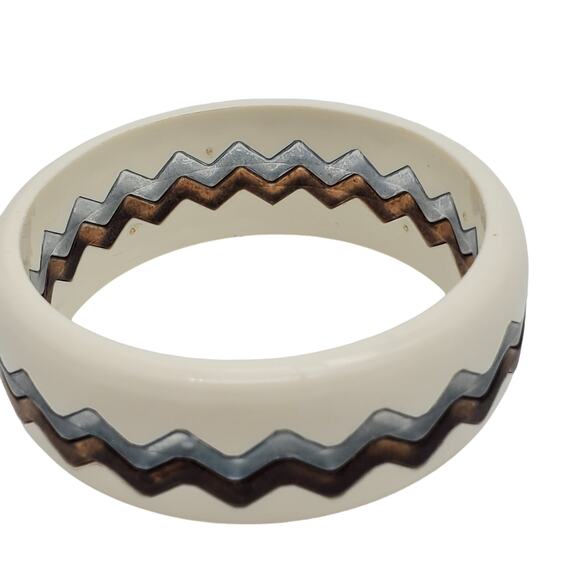 Acrylic Puzzle Bangles Zig Zag Bracelet Blue Brown Off White Wavy Interlocking - Picture 10 of 12